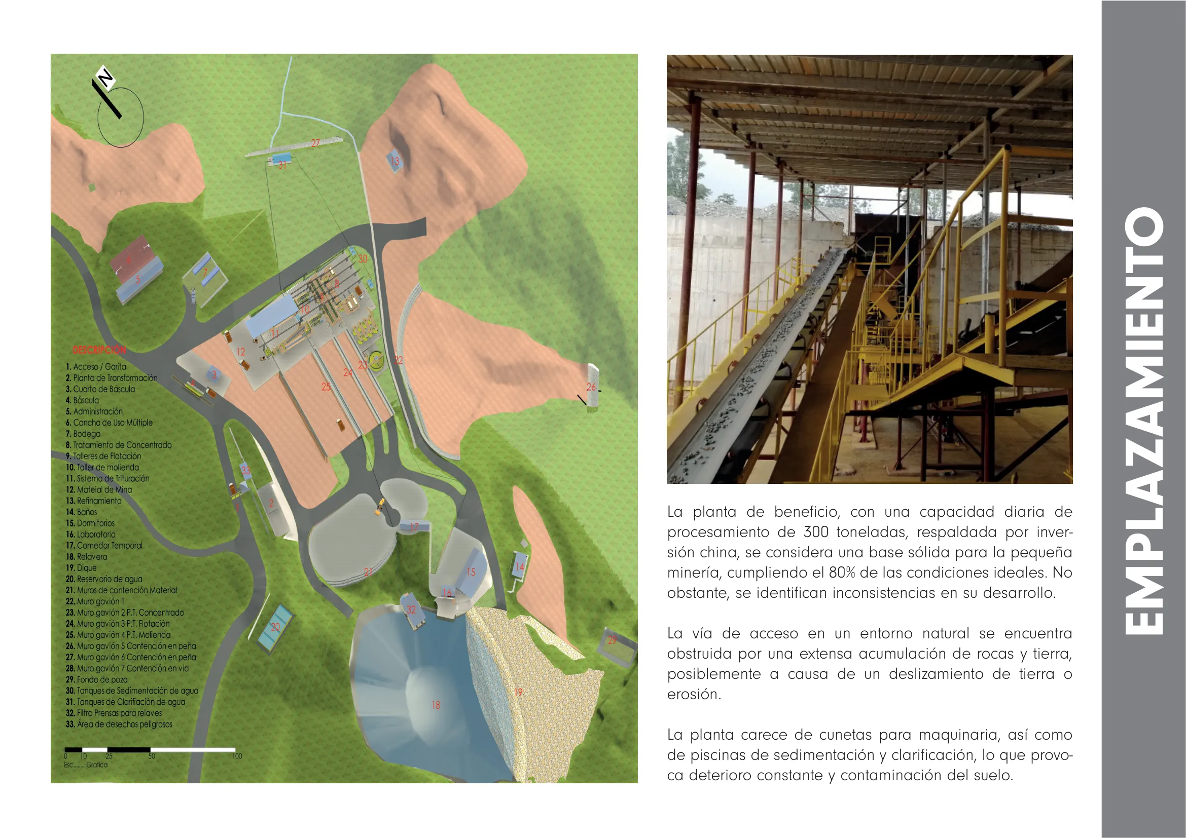 Planta de implantación y fotografía del área de trituración de la planta de beneficio