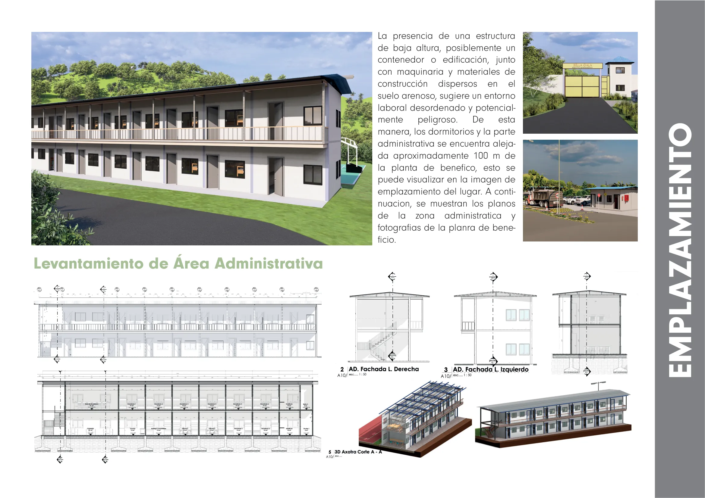 Levantamiento del área administrativa: planos, fachadas y axonometría