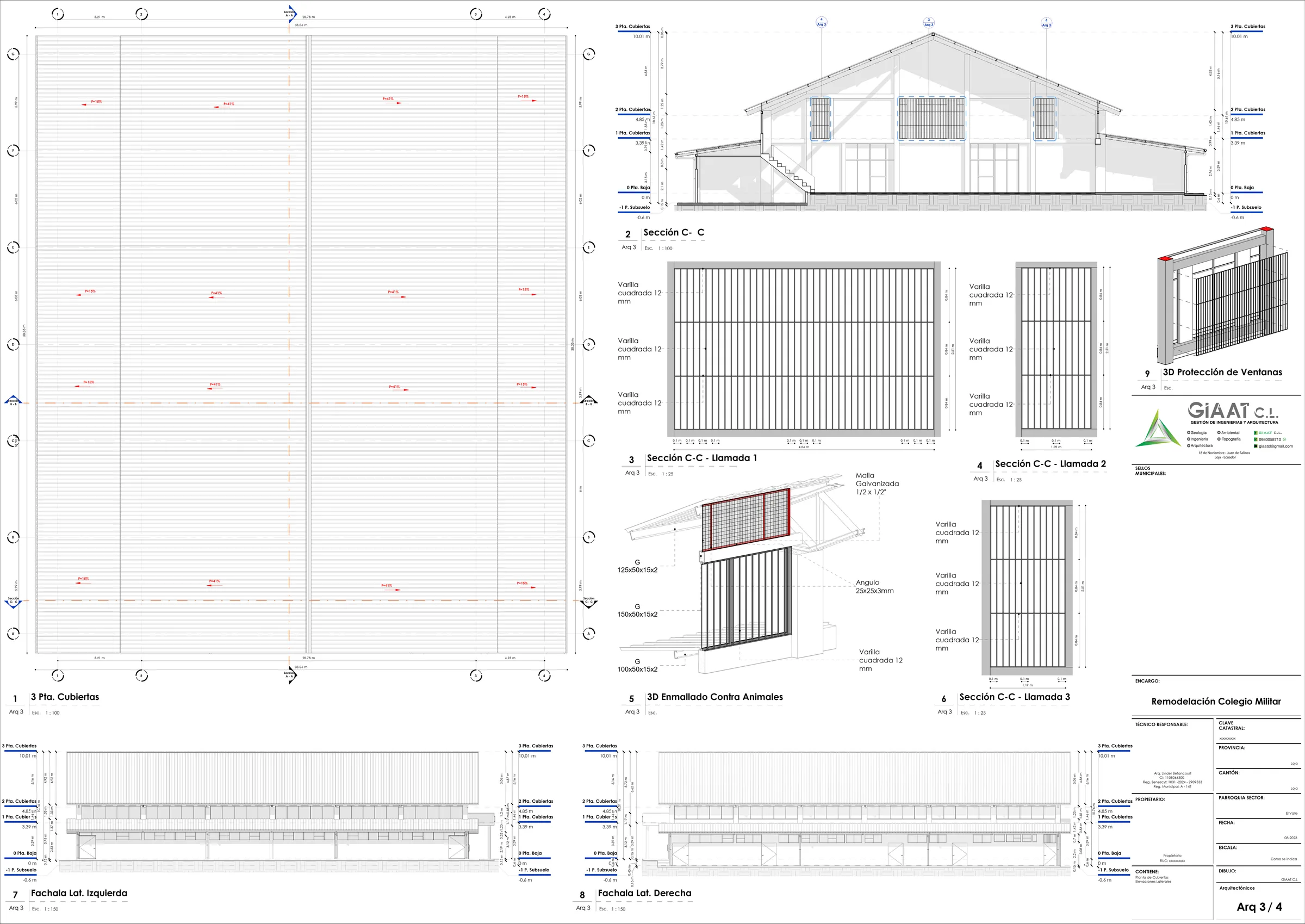 Lámina Arq 3/4: planta de cubiertas, sección C-C con detalles de enmallado y protección de ventanas, y fachadas laterales