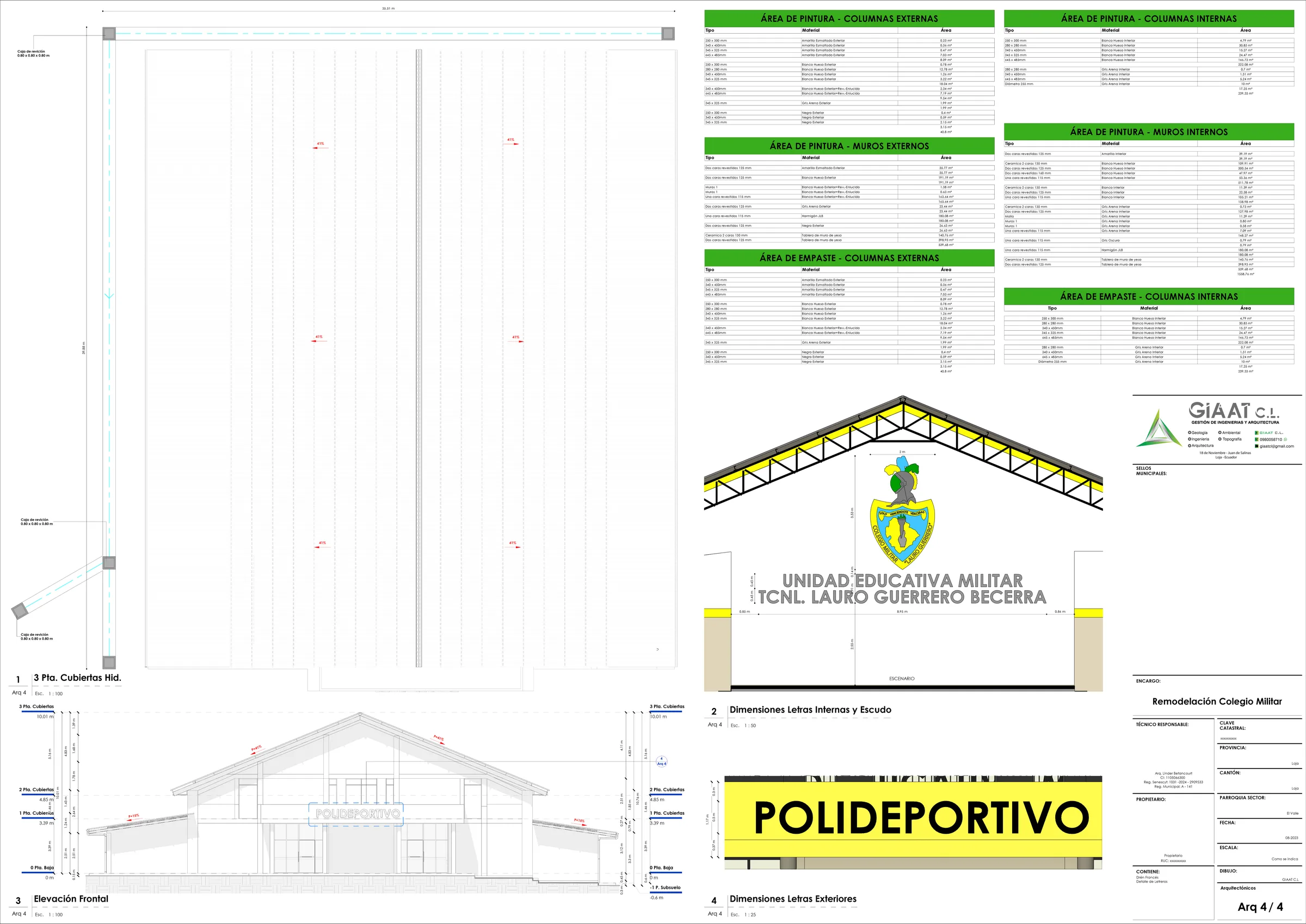 Lámina Arq 4/4: cubierta hidráulica, elevación frontal y dimensiones de la señalética institucional