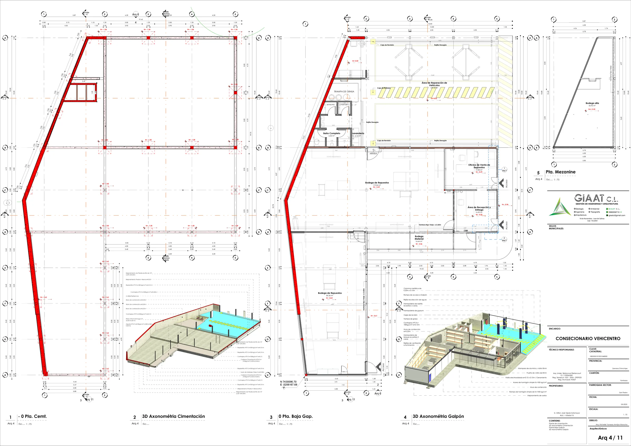 Planta de cimentación y axonometrías de construcción