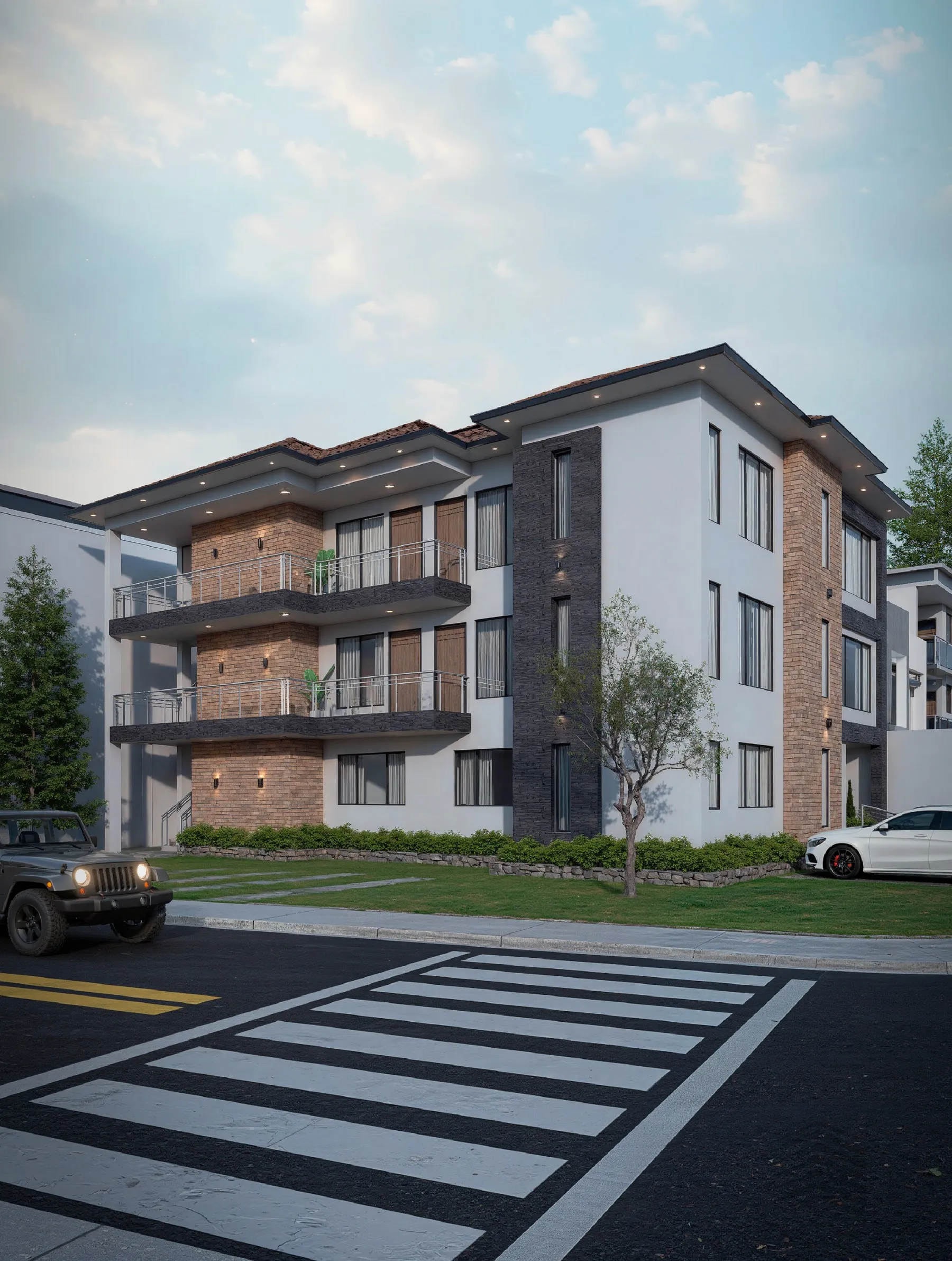 Render exterior del edificio de departamentos Distrito B