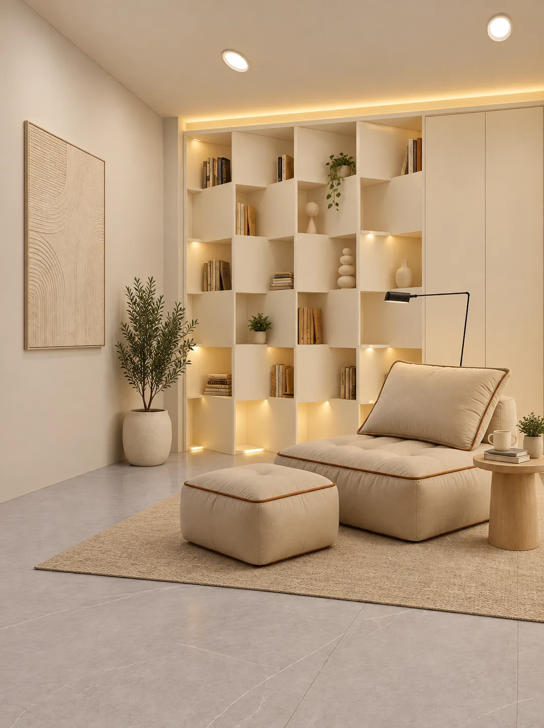 Pasillo con iluminación indirecta y acabados en madera