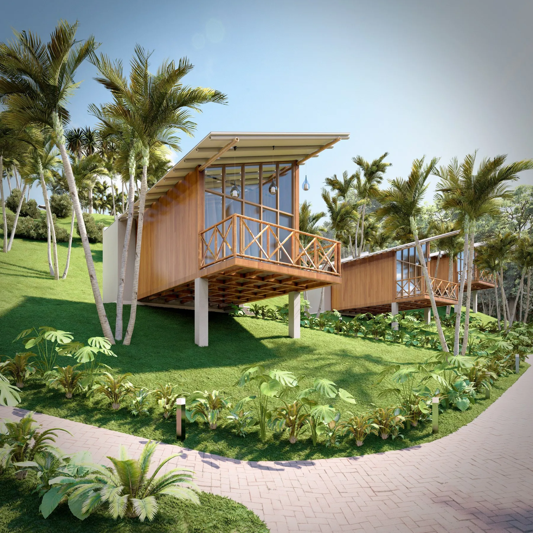 Render de la piscina y deck de la hostería