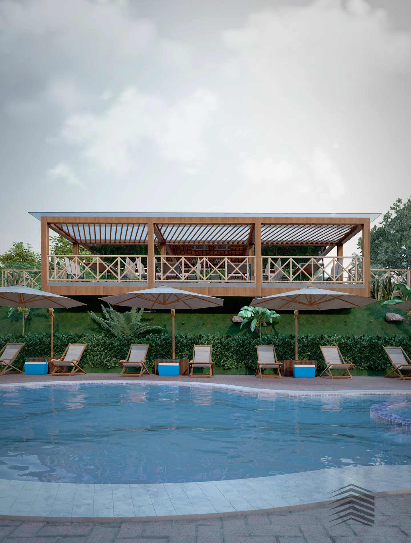 Vista exterior del deck junto a la piscina