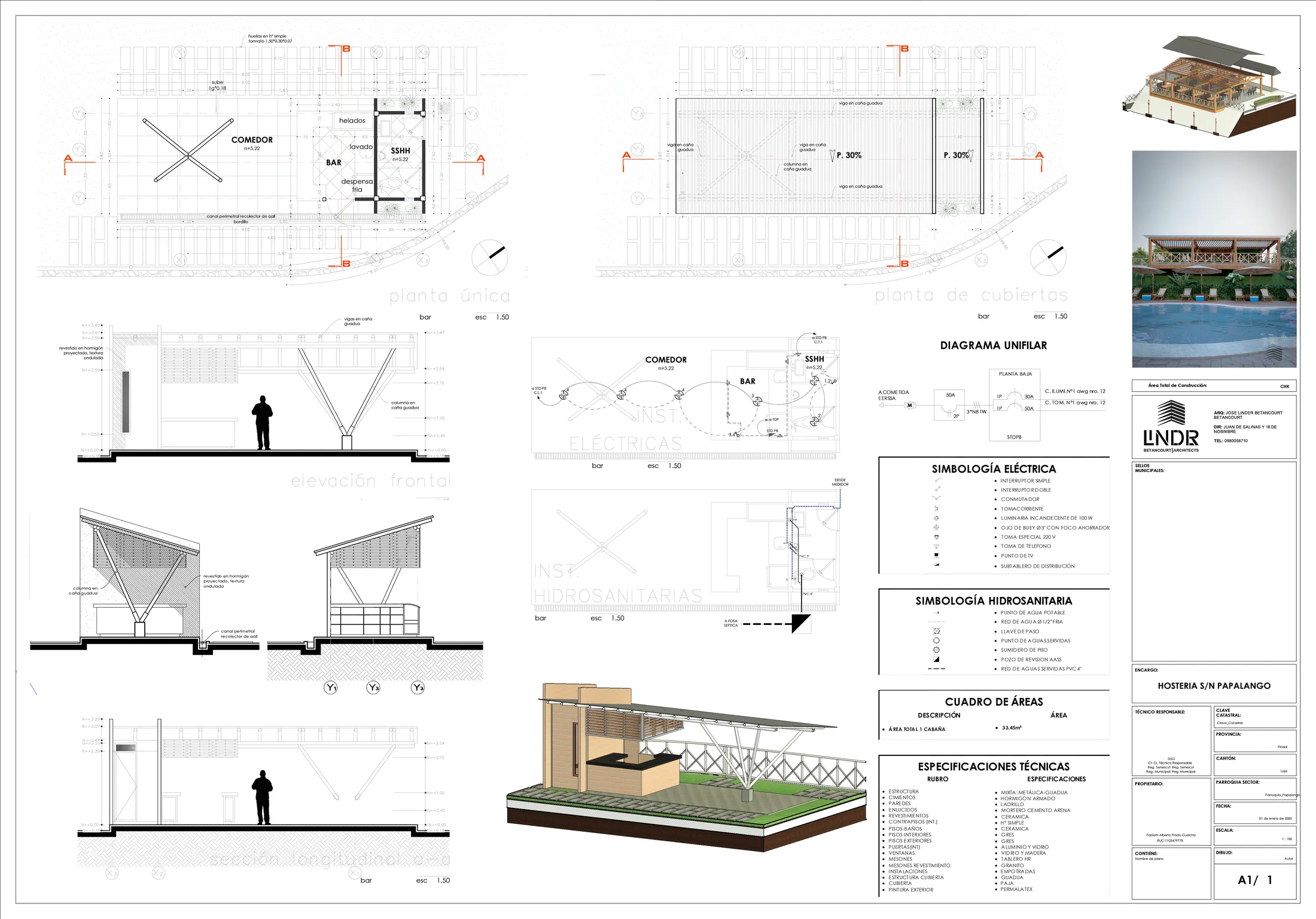 Planta y secciones de cabaña