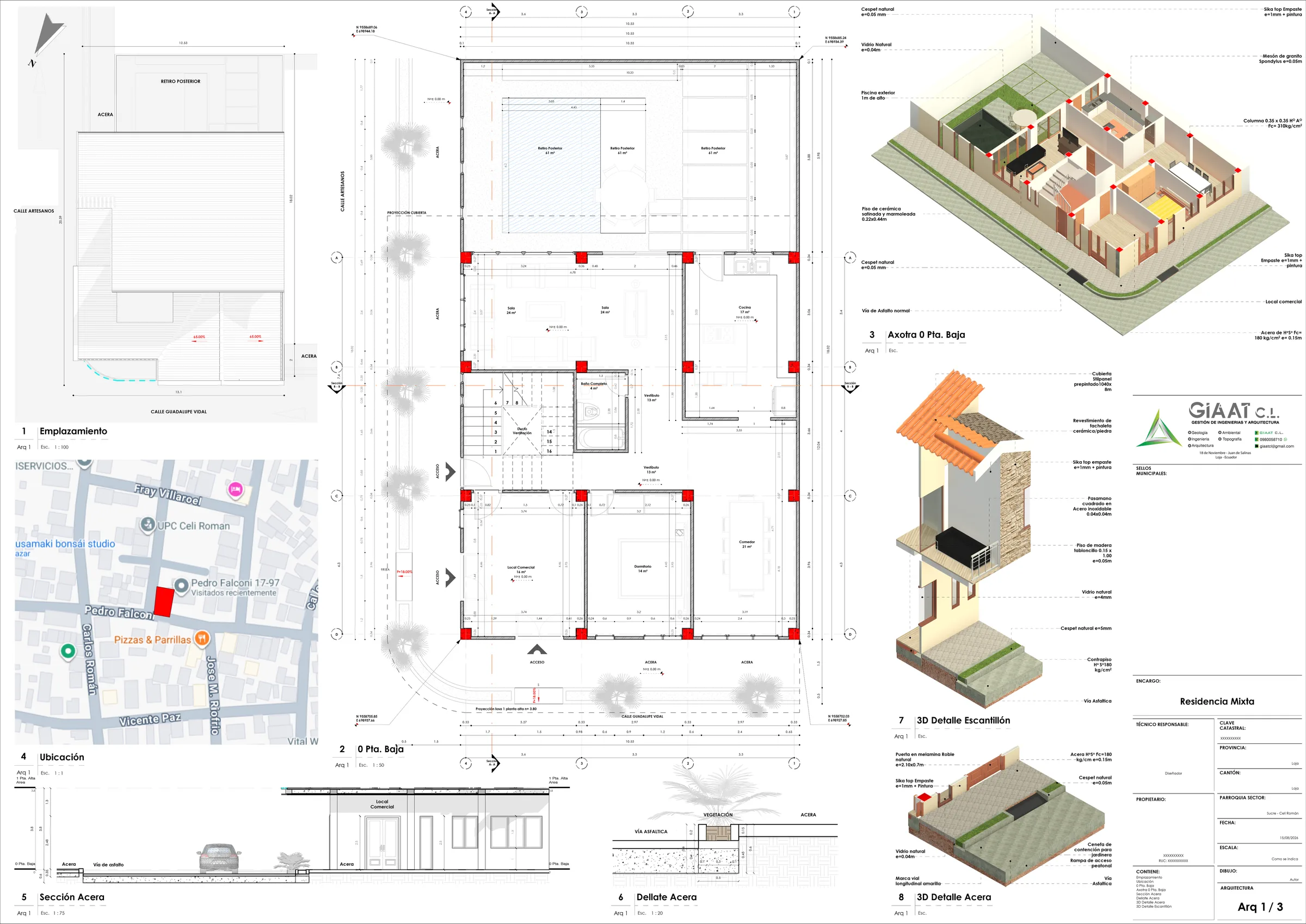 Lámina Arq 1/3: emplazamiento, ubicación, planta baja, sección de acera y axonometría de planta baja