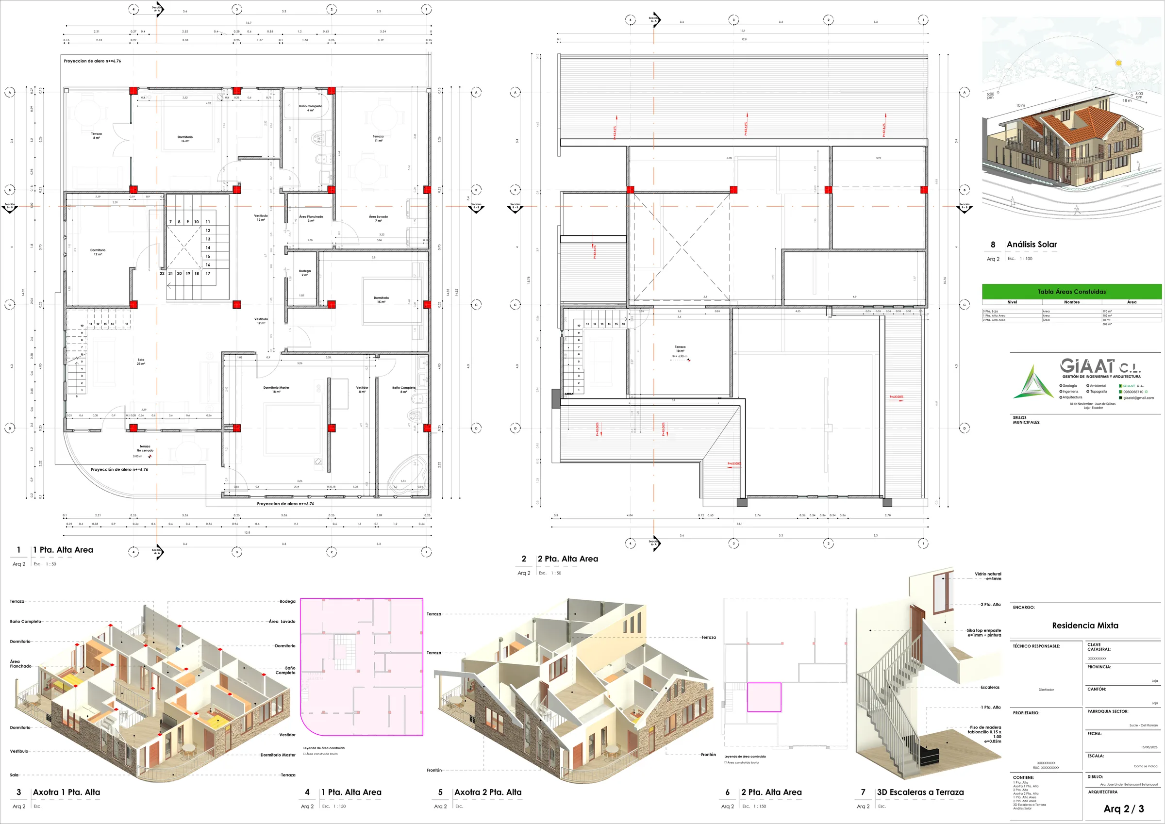 Lámina Arq 2/3: plantas altas, axonometrías por nivel, análisis solar y cuadro de áreas