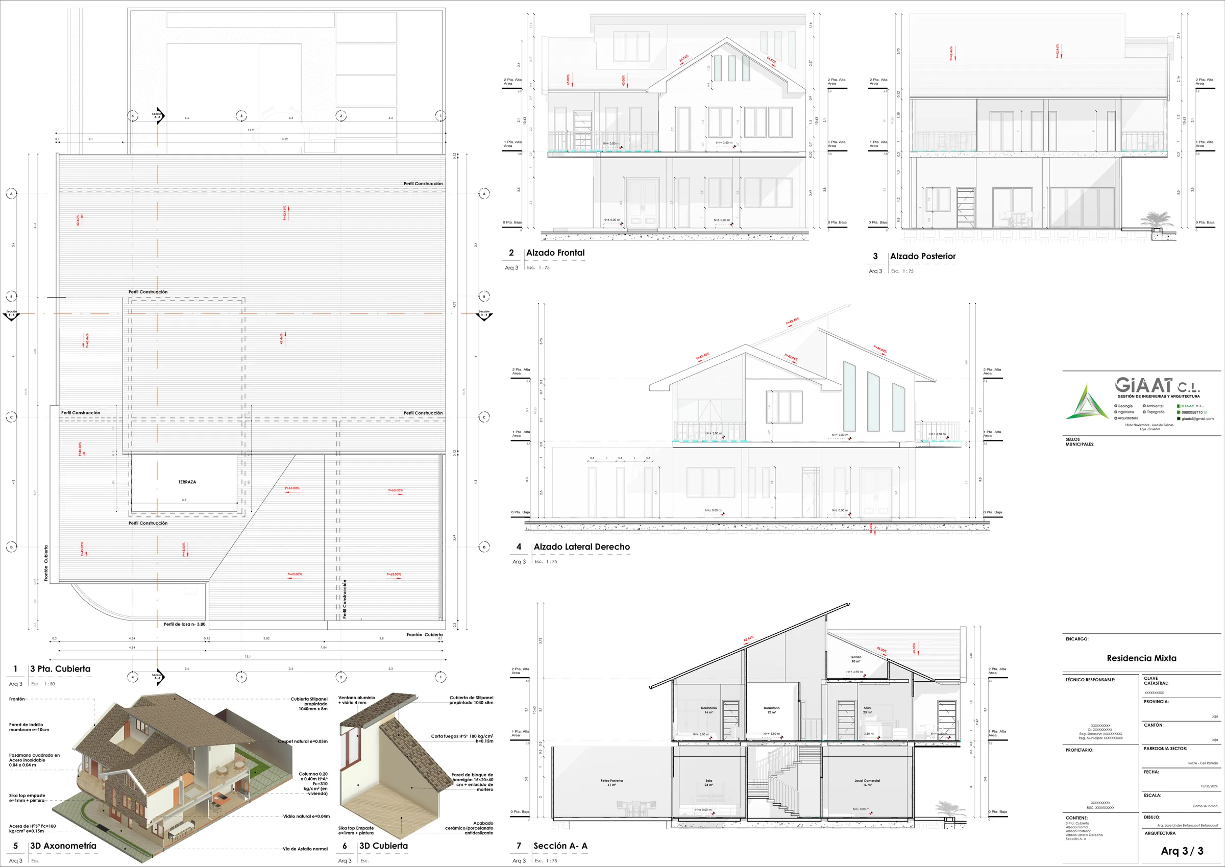 Lámina Arq 3/3: planta de cubierta, alzados frontal, posterior y lateral, y sección A-A