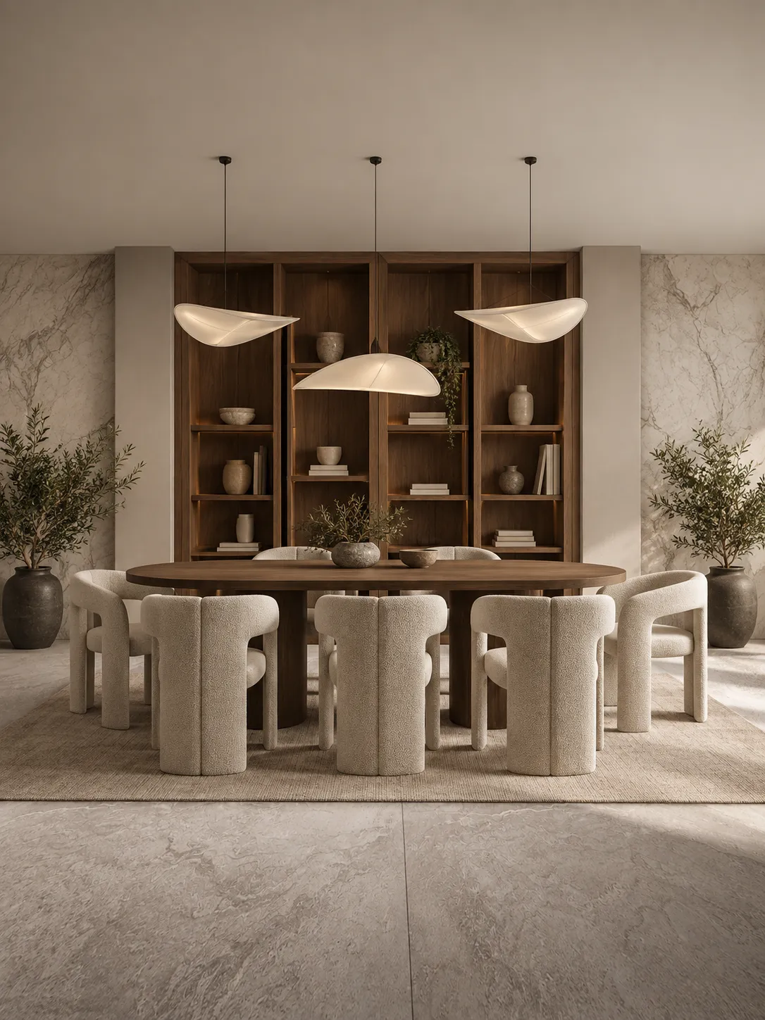 Comedor con mesa ovalada y estantería de madera al fondo