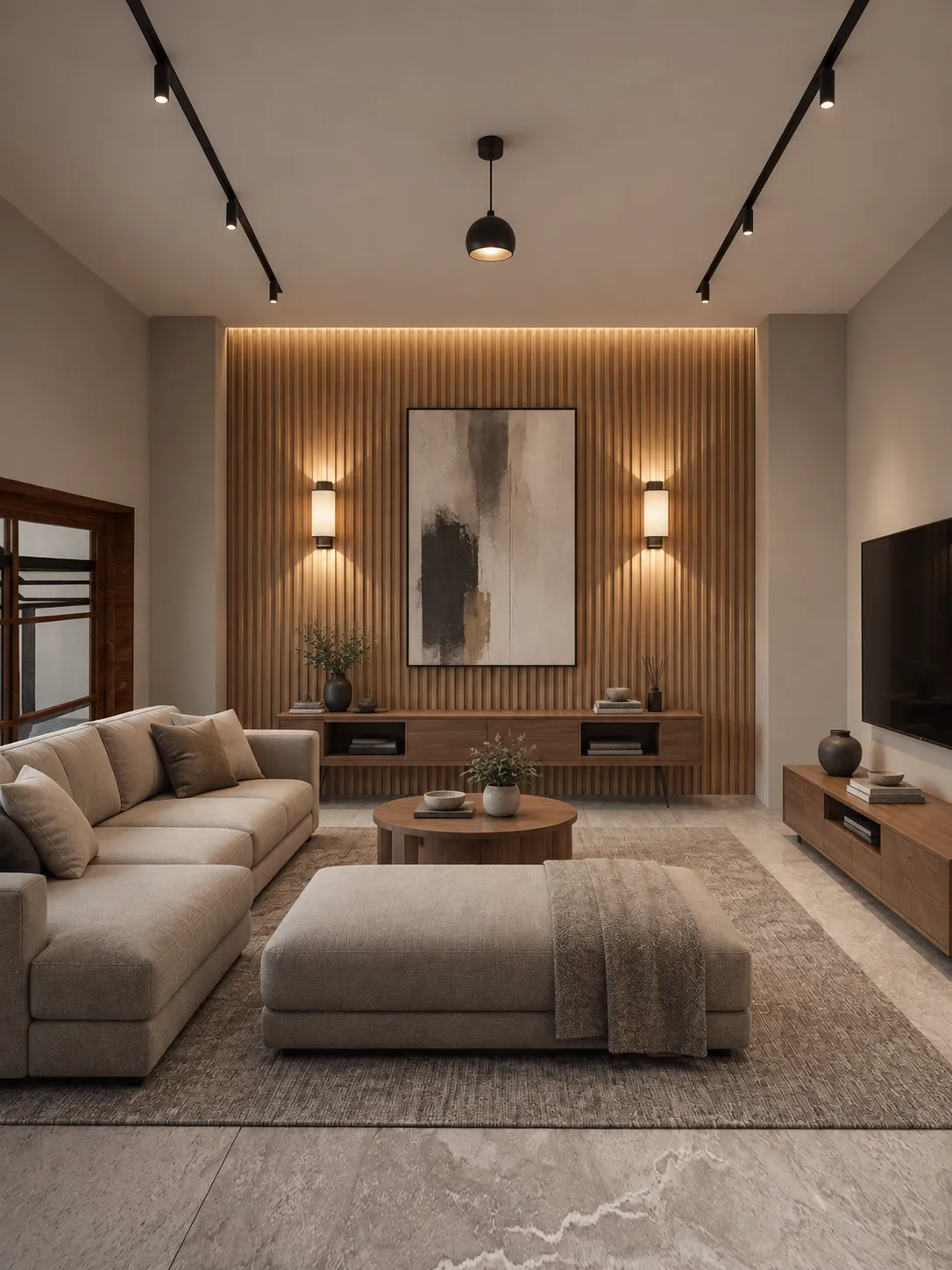 Sala de estar con sofá beige y panelado de listones