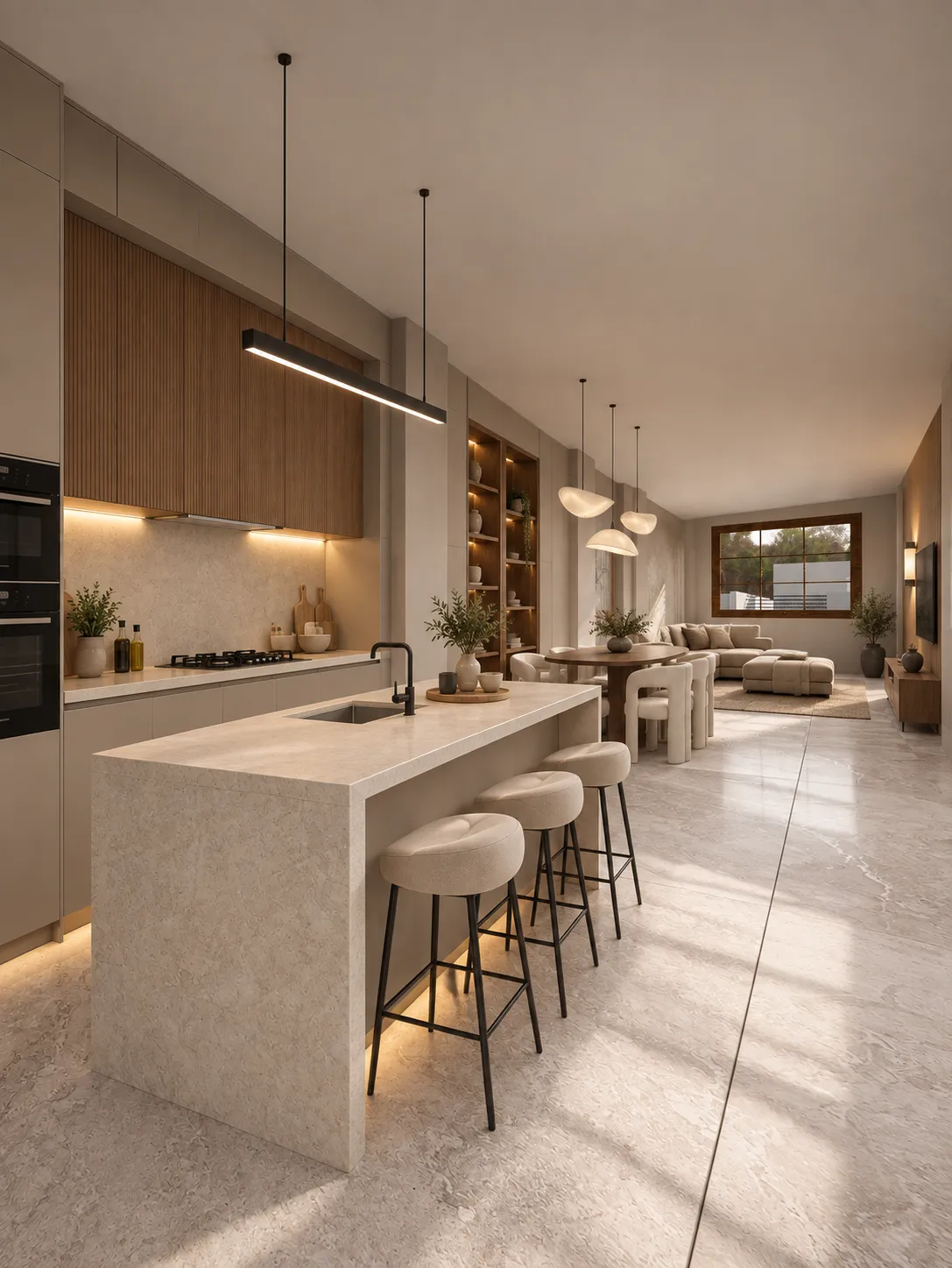 Cocina con isla abierta hacia el comedor