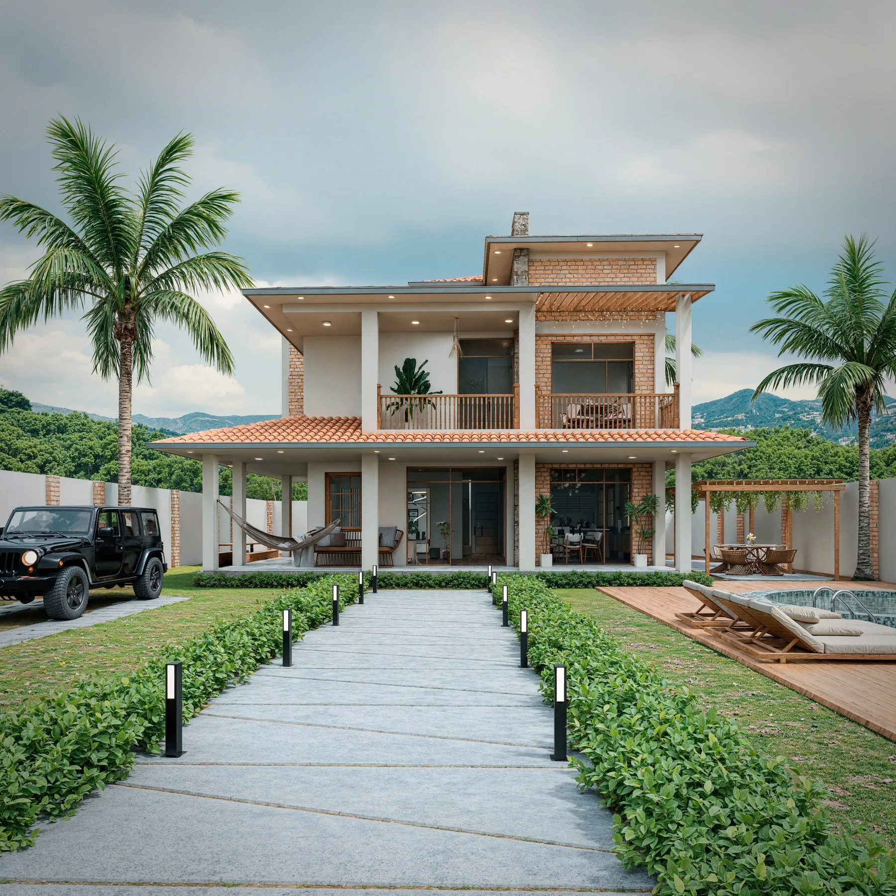 Render exterior de Residencia Luna con piscina y jardín