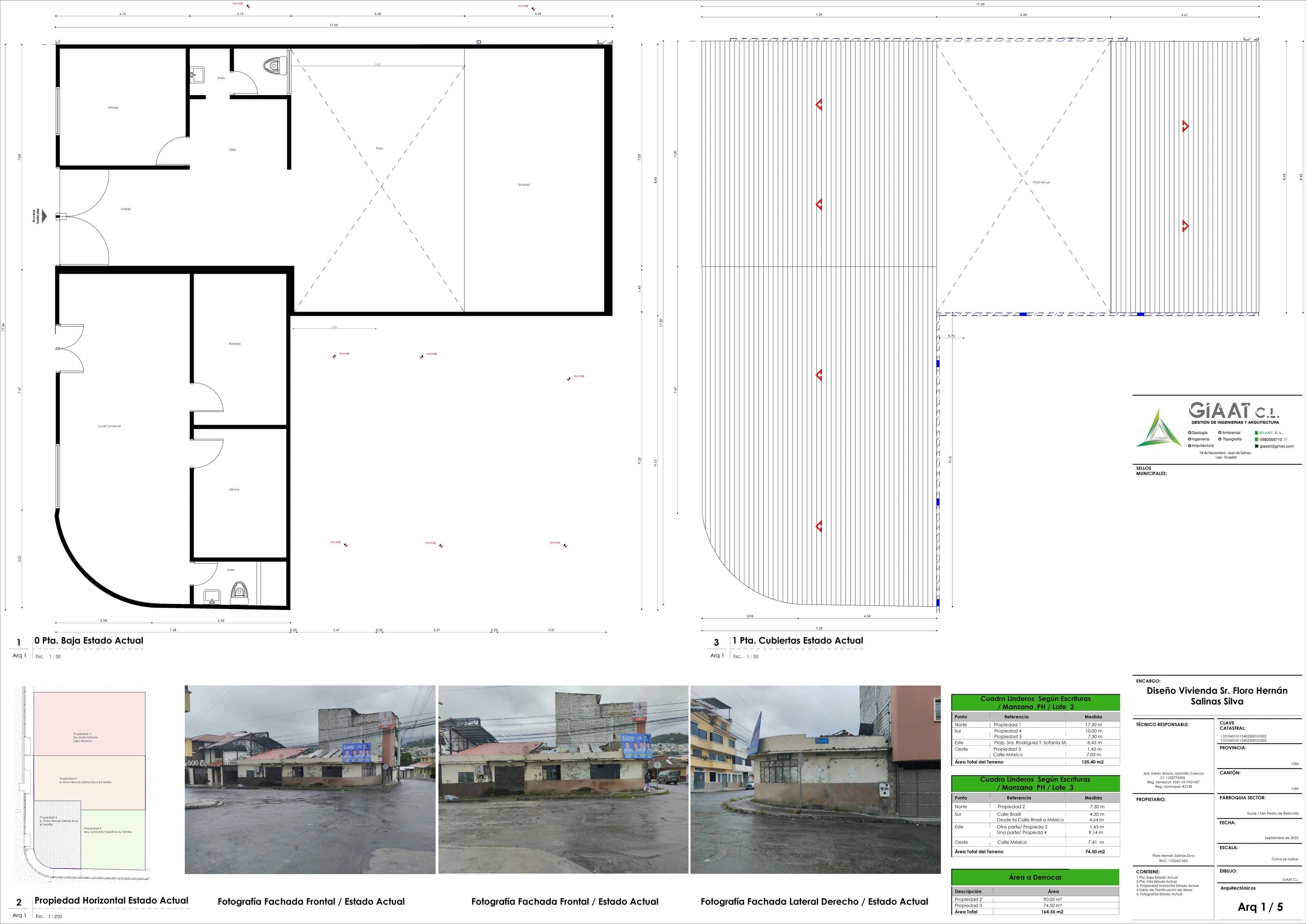 Lámina Arq 1/5: planta baja y cubiertas del estado actual, propiedad horizontal, fotografías de fachadas y cuadros de linderos