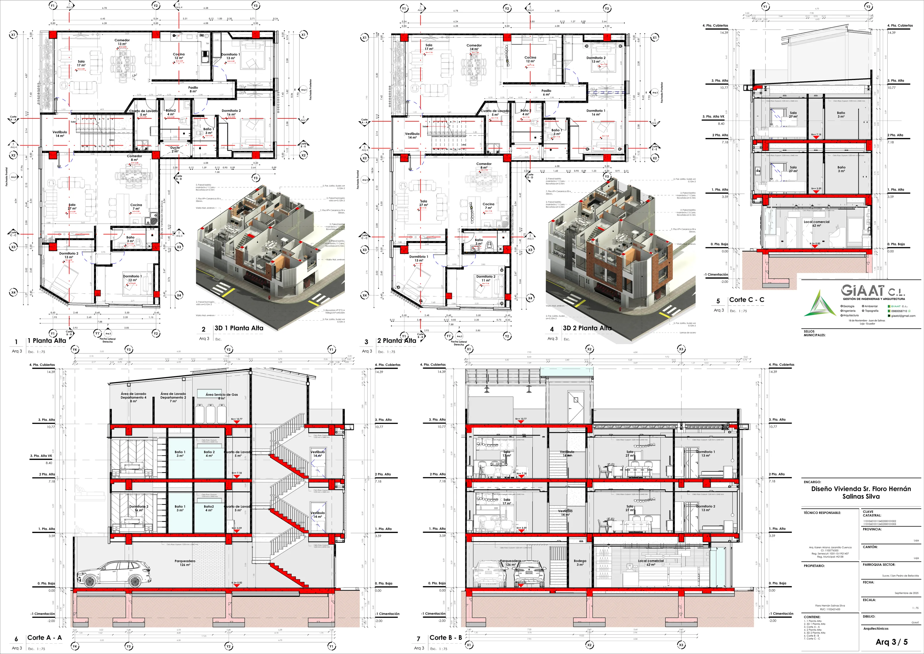 Lámina Arq 3/5: primera y segunda planta alta con sus axonometrías y cortes A-A, B-B y C-C