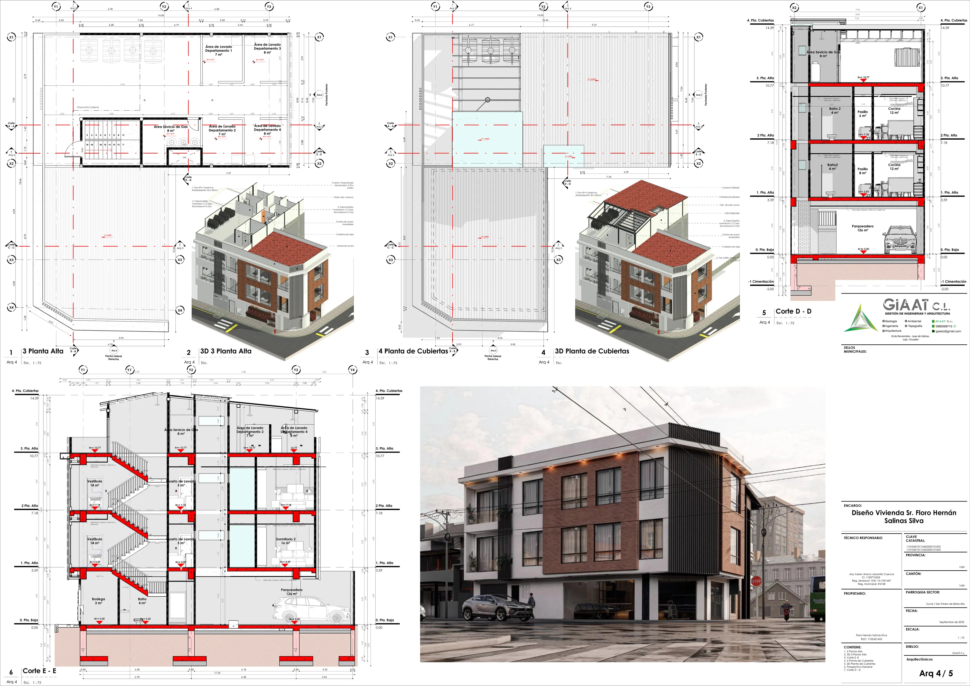 Lámina Arq 4/5: tercera planta alta, planta de cubiertas, cortes D-D y E-E y perspectiva general