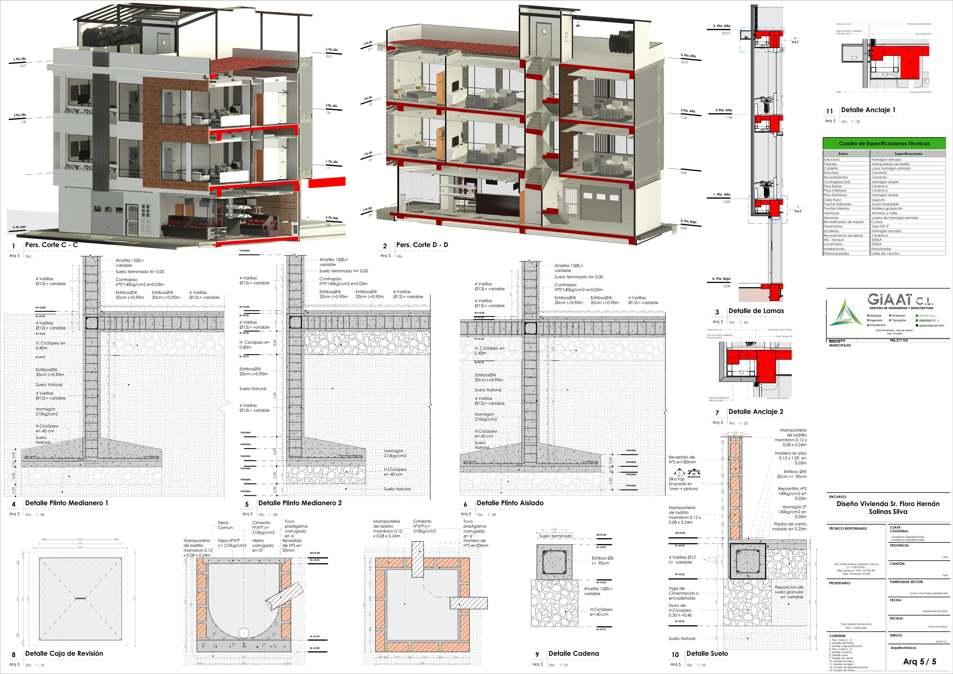 Lámina Arq 5/5: perspectivas seccionadas, detalles de plintos, cadena, suelo, anclajes y cuadro de especificaciones técnicas