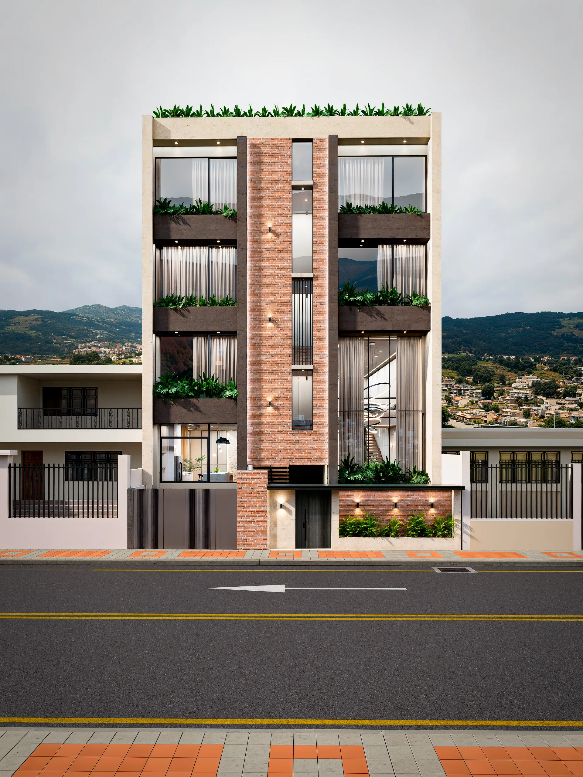 Fachada con los balcones corridos y el paisaje al fondo