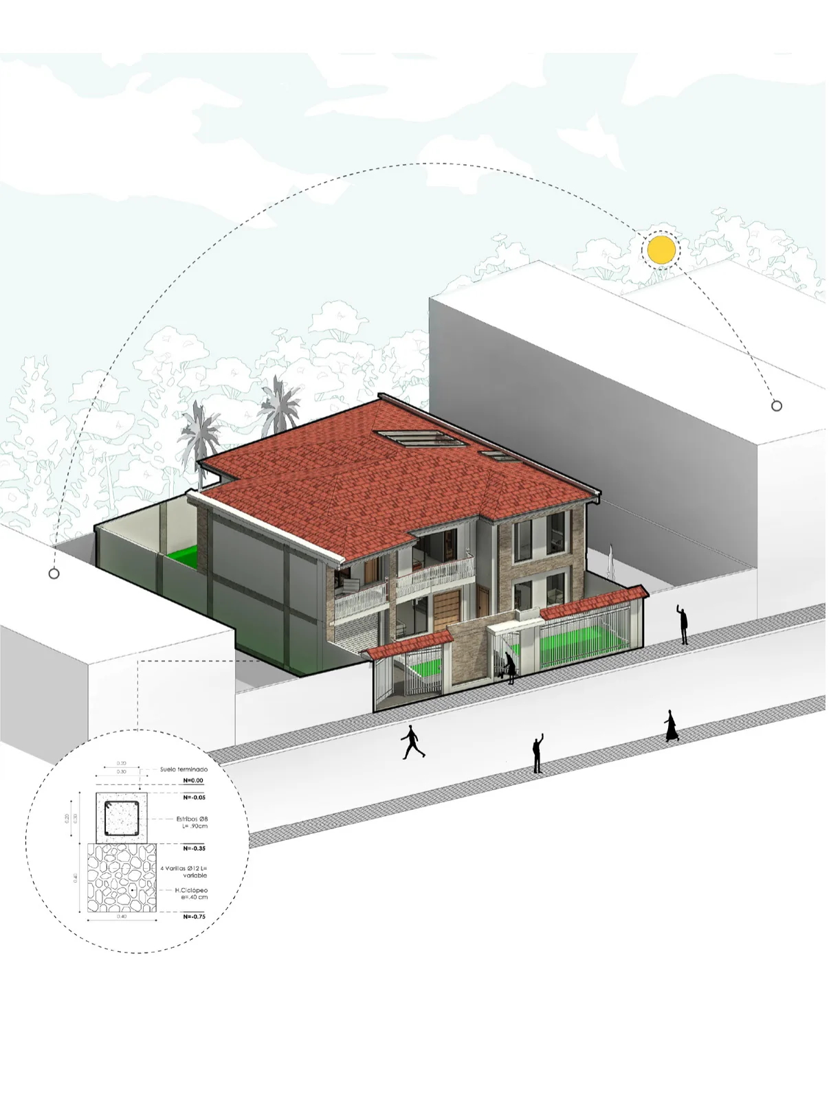 Axonometría de asoleamiento con recorrido solar y detalle de cimentación