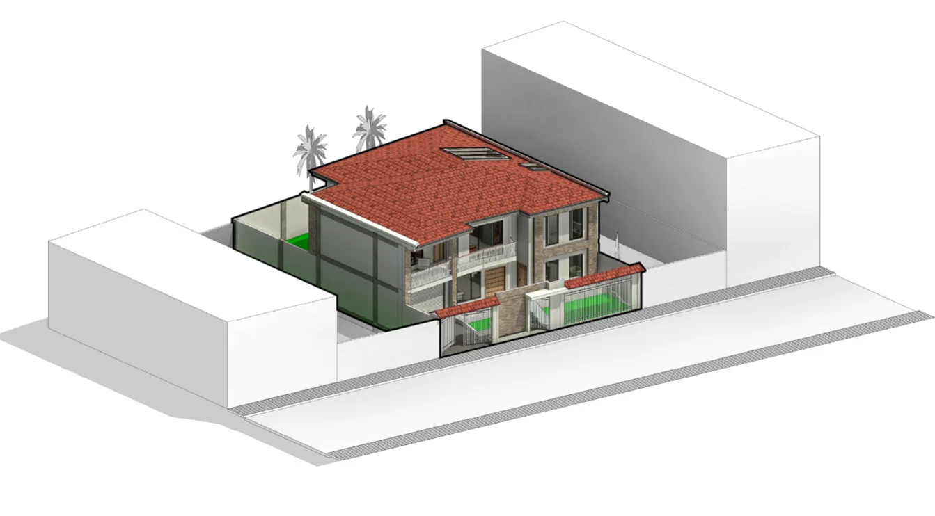 Axonometría general de la vivienda en su contexto urbano