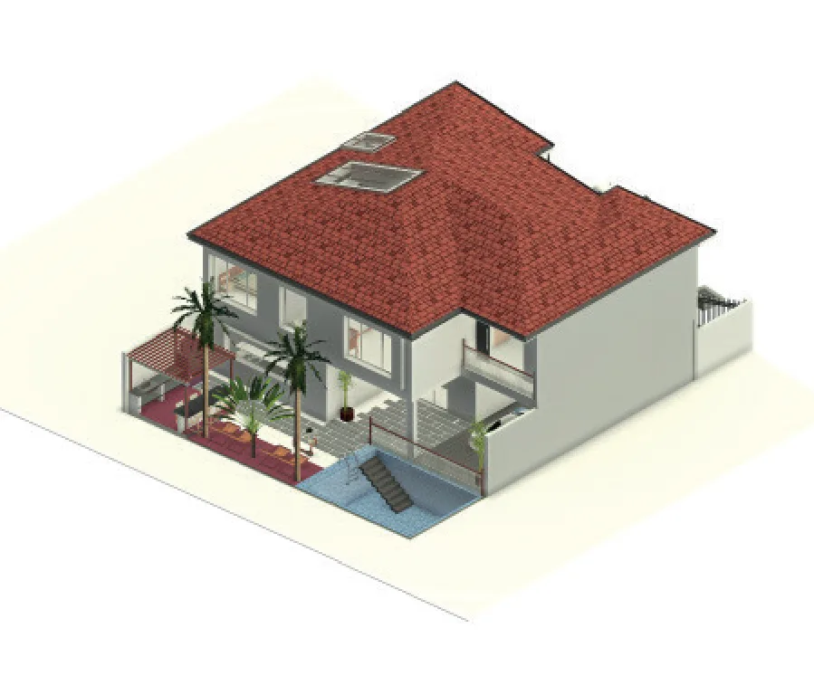 Axonometría de la parte posterior con patio, piscina y pérgola
