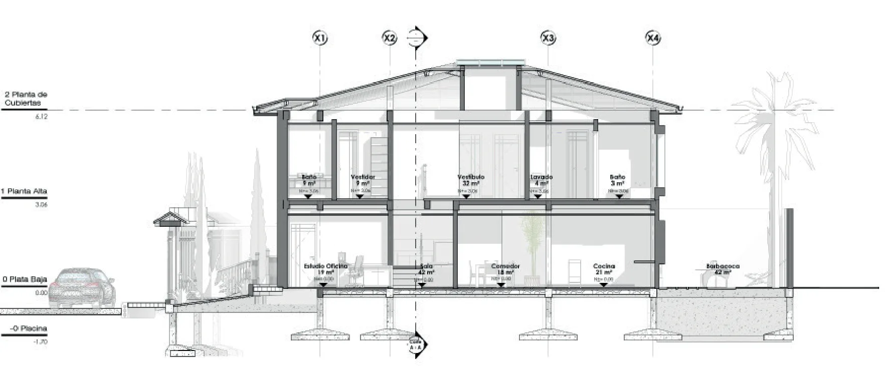 Corte A-A: estudio, sala, comedor, cocina y barbacoa sobre el nivel de piscina