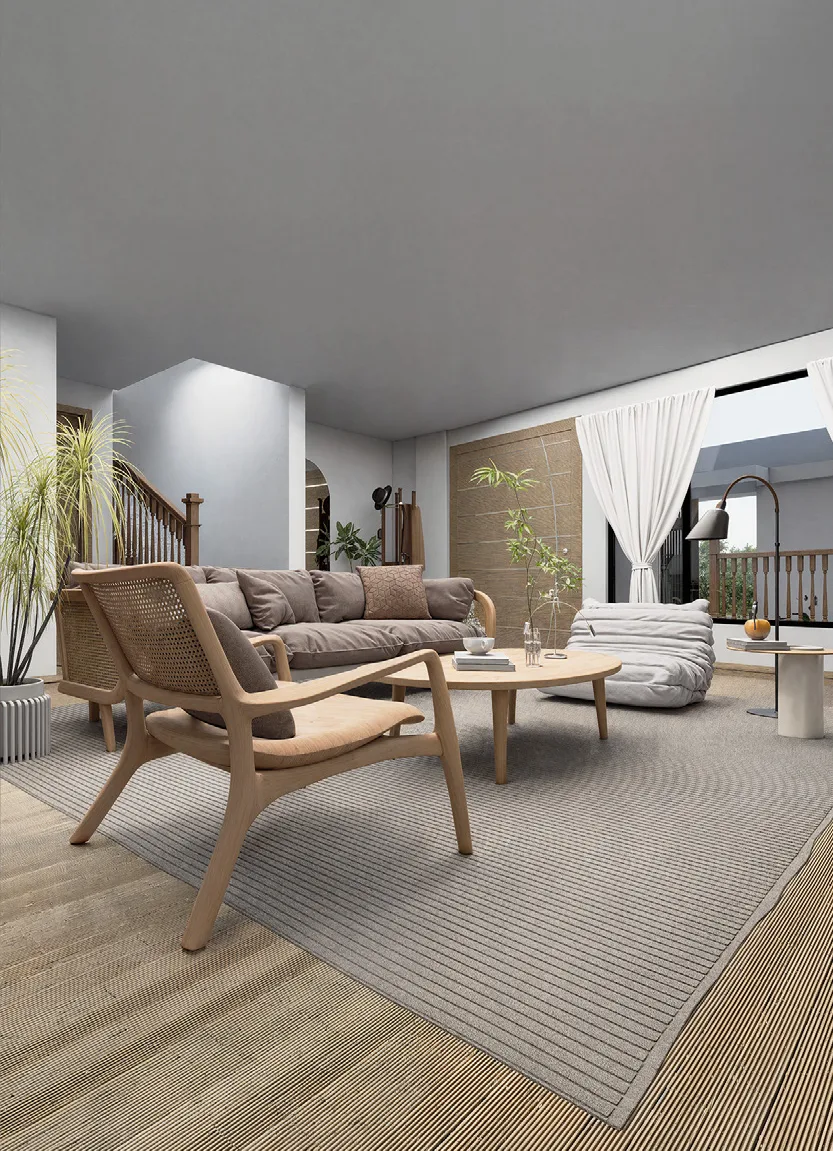Sala de estar con doble altura y salida a la terraza