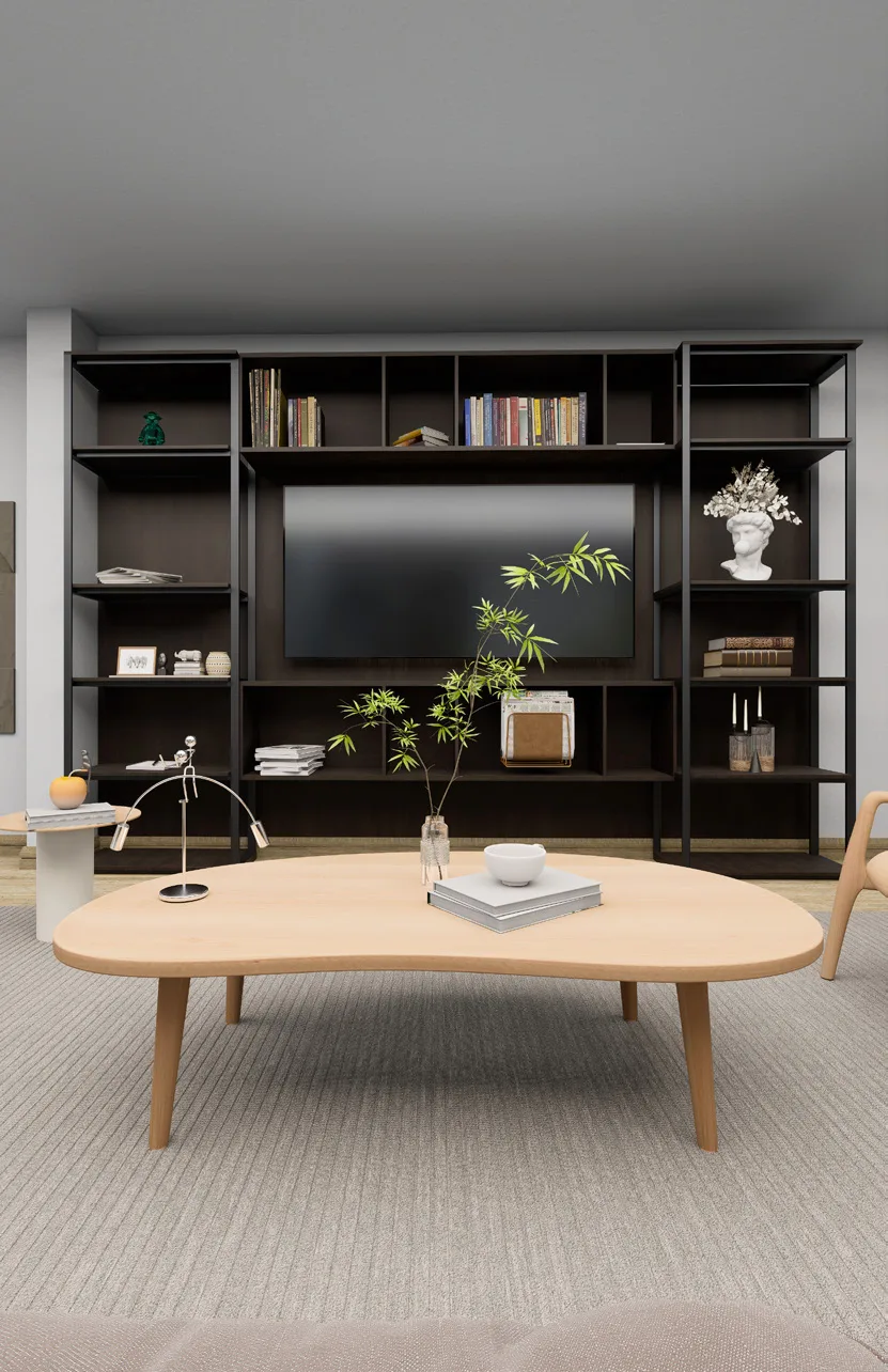 Estar de televisión con mueble de repisas a piso techo
