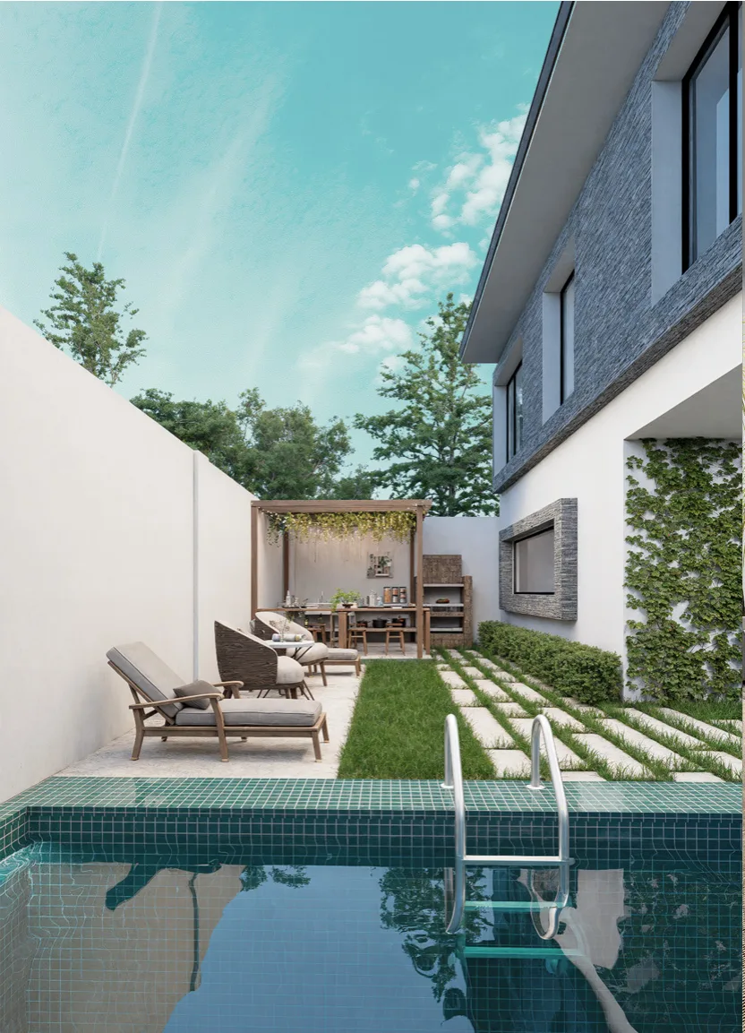 Patio posterior con piscina, pérgola y área de barbacoa