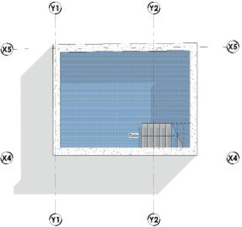 Planta de la piscina con ejes estructurales y escalinata de acceso