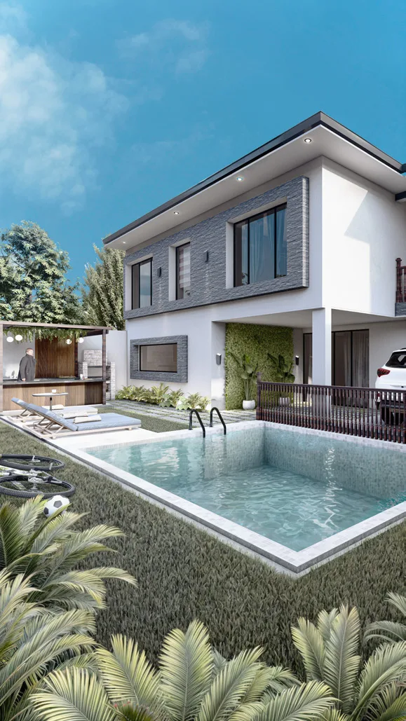 Render del patio posterior con la piscina y el área de barbacoa