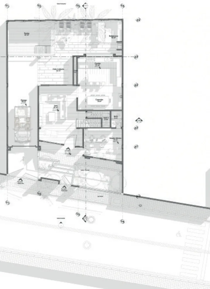 Planta baja con sala, comedor, cocina, estudio y garaje