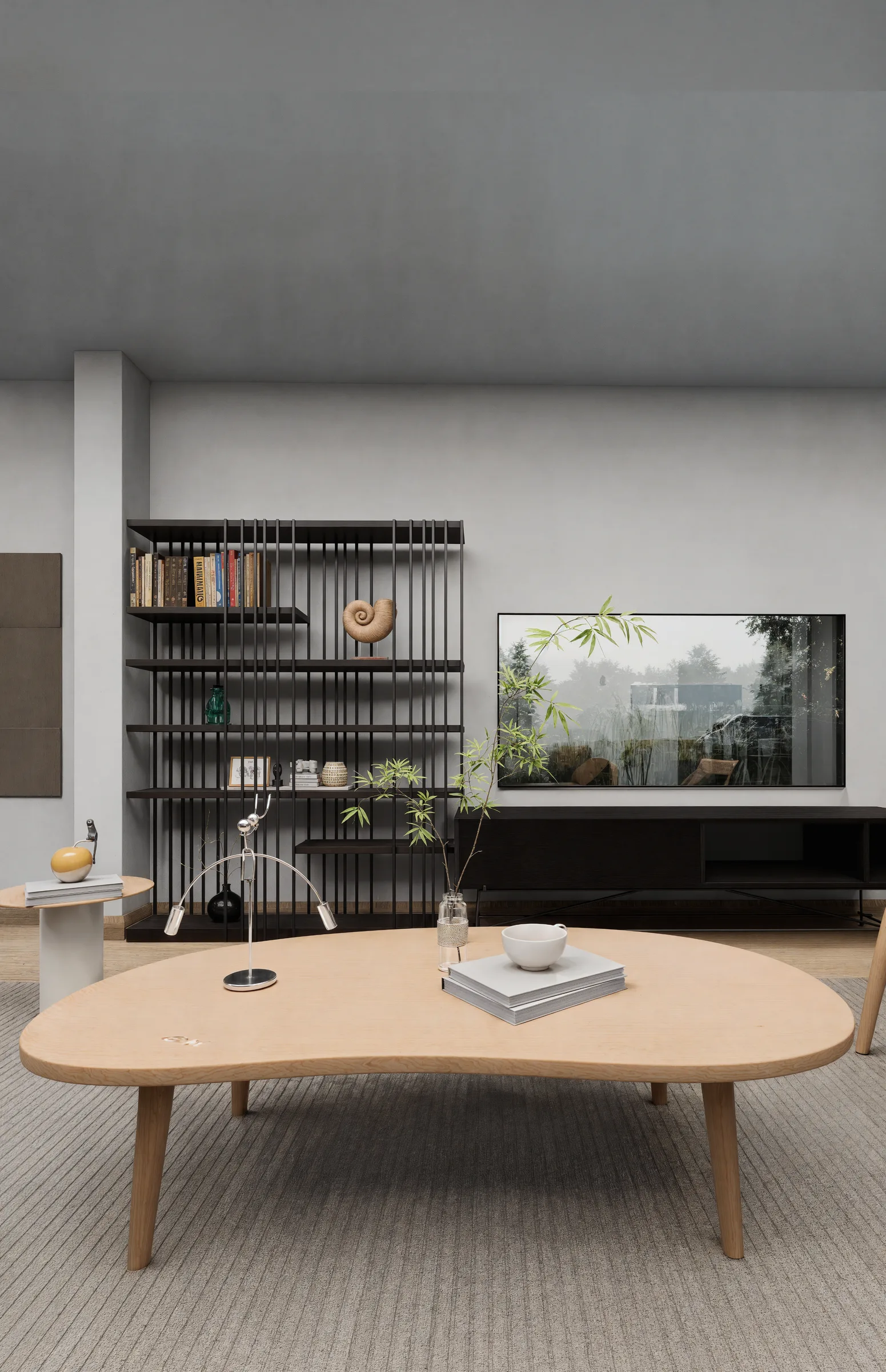 Estar con mesa de centro de madera y mueble de repisas metálicas