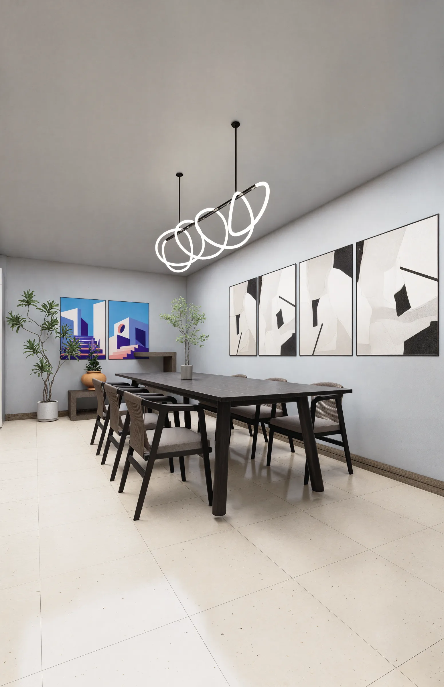 Comedor de ocho puestos con lámpara colgante y cuadros