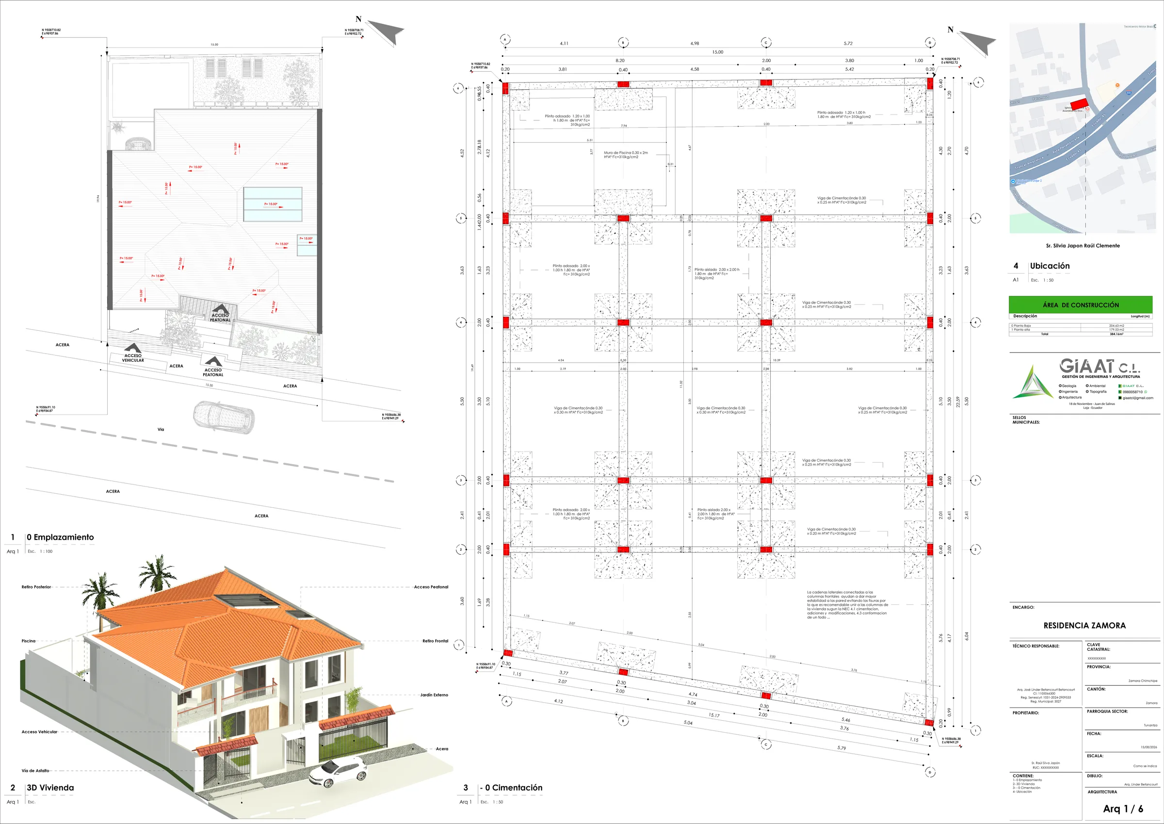 Emplazamiento, planta de cimentación, ubicación y vista 3D de la vivienda