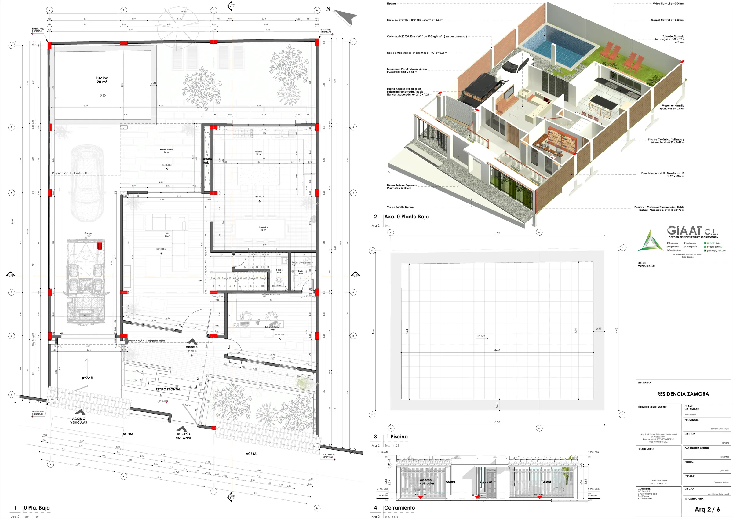 Planta baja, axonometría de planta baja, piscina y cerramiento