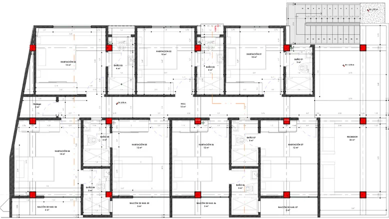 Planta arquitectónica de gerencia y habitaciones en planta alta