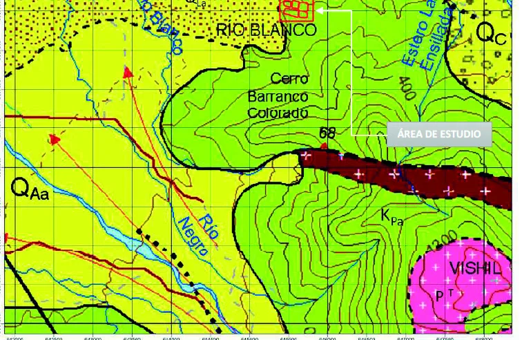 Carta geológica del sector Río Blanco con el área de estudio señalada