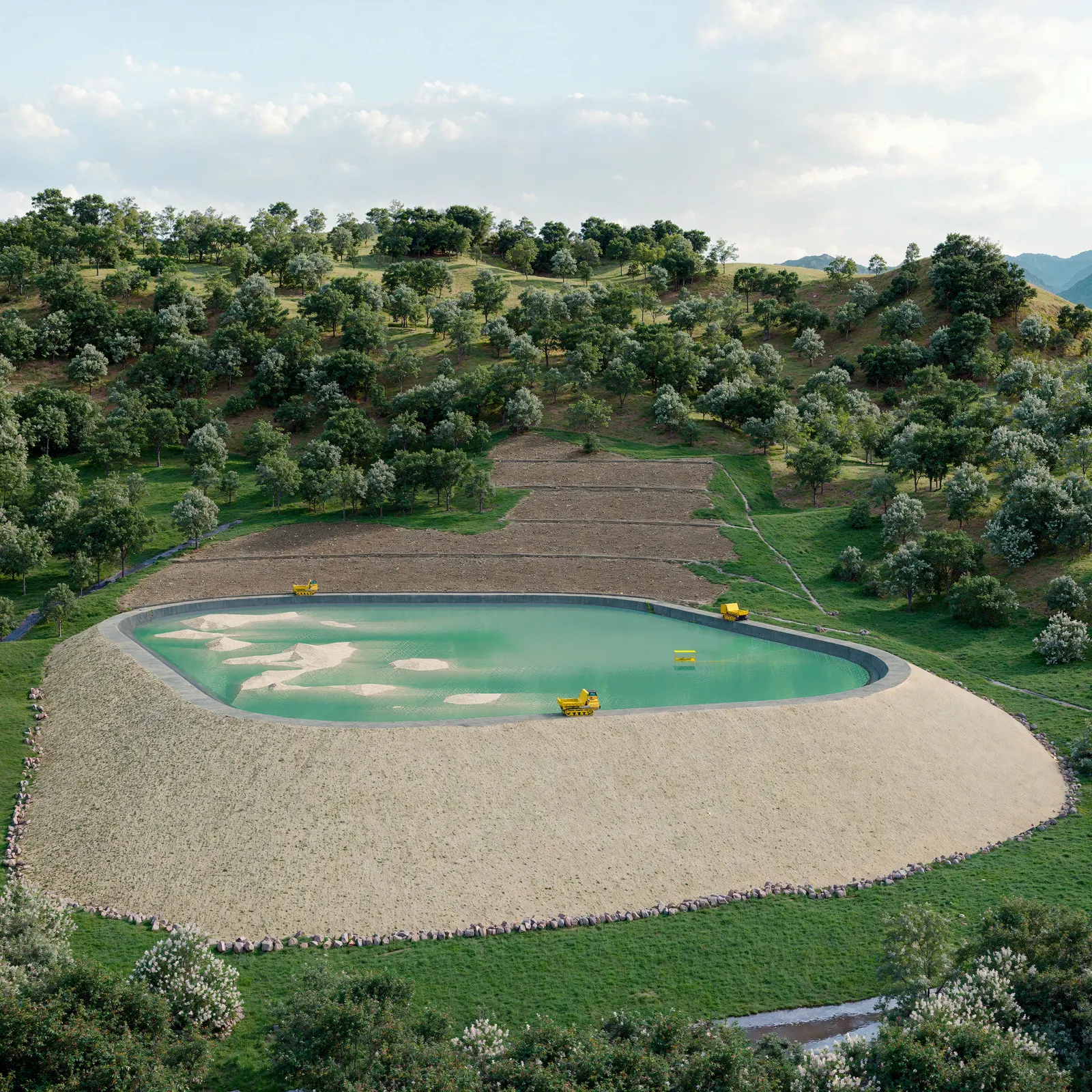 Render de la piscina de relaves emplazada sobre el terreno natural