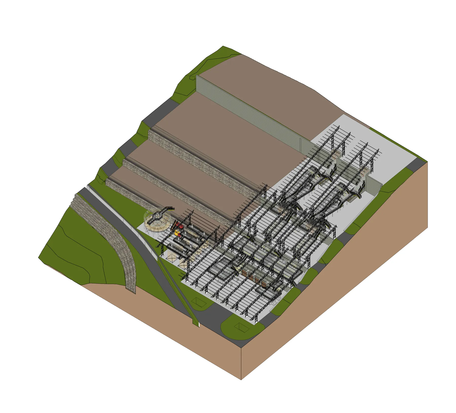 Corte de terreno con naves de proceso