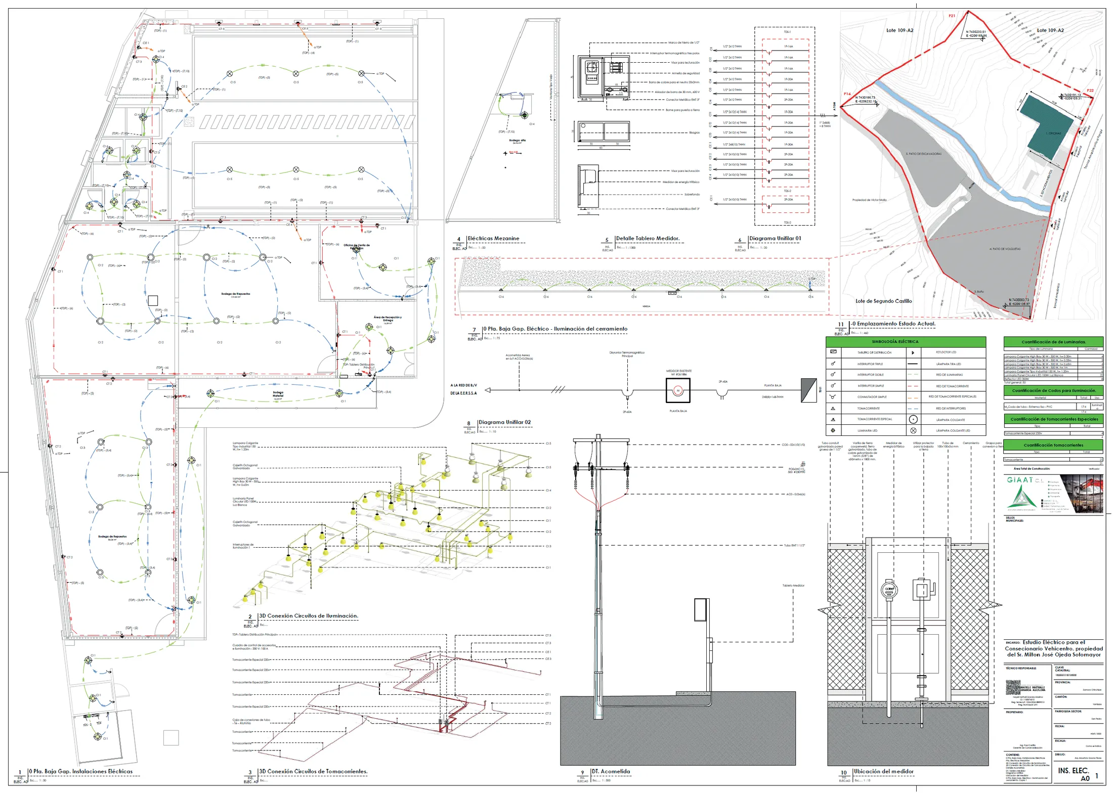 Plano de instalaciones eléctricas de la concesionaria, con diagramas trifilar y planta
